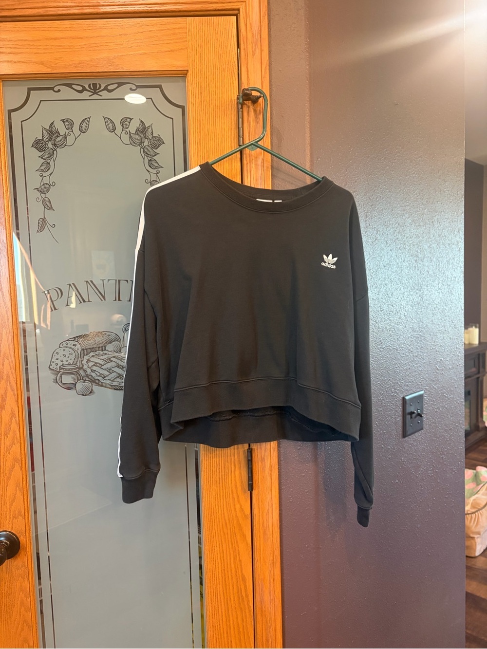 adidas Black Cropped Crew Sweatshirt with White Stripe Detail